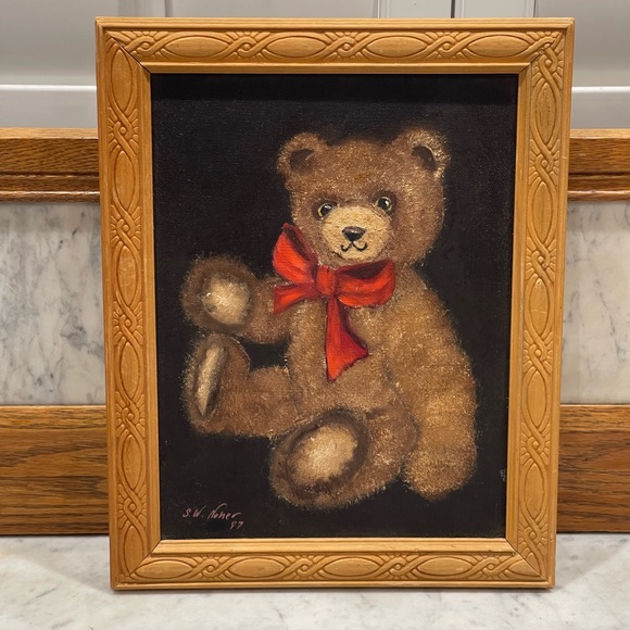 Framed original oil painting of a teddy bear signed by artist S.W. Neher